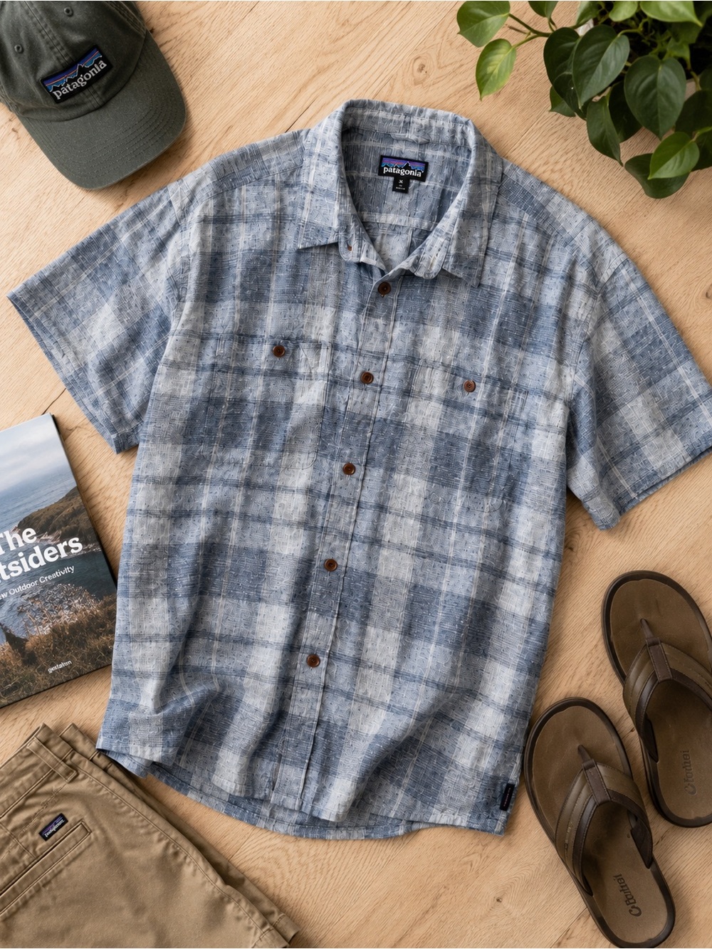 Patagonia Back Step Hemp Shirt XL Blue Gray Plaid Short Sleeve